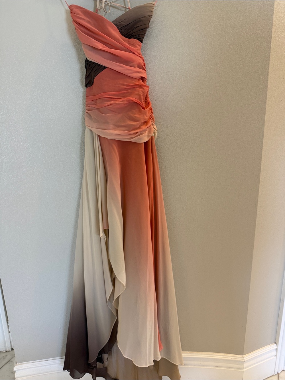 BCBGMaxAzria One-Shoulder Gradient Chiffon Gown in Coral, Peach & Taupe